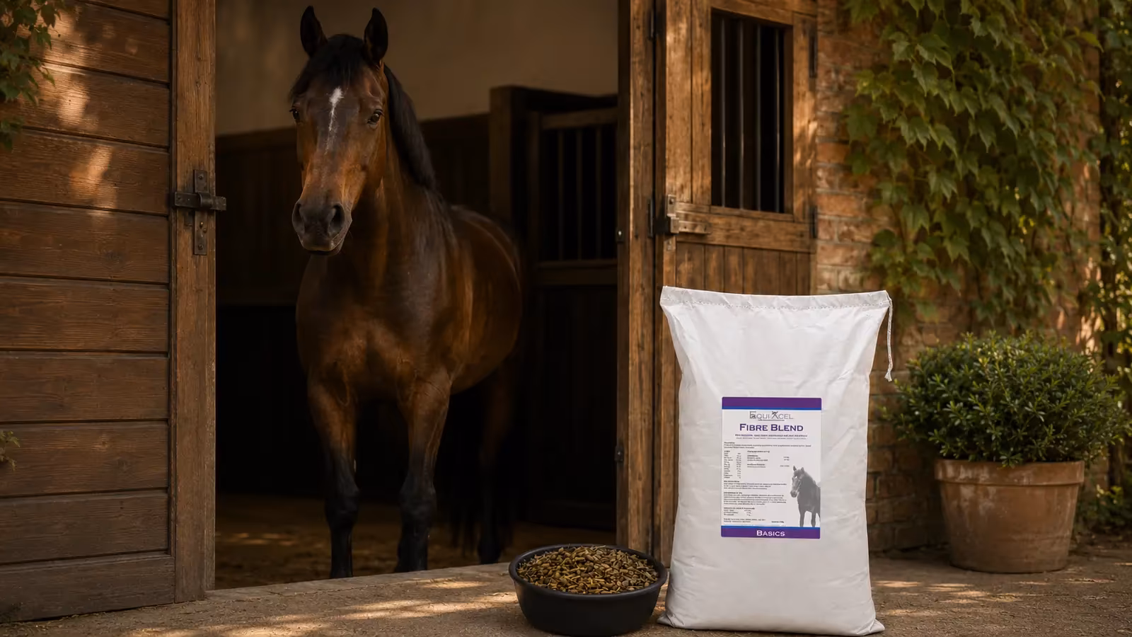 Equi-Xcel Balancers & Basics – Fibre Blend Paard naast een zak Equi-Xcel Fibre Blend en een voerbak