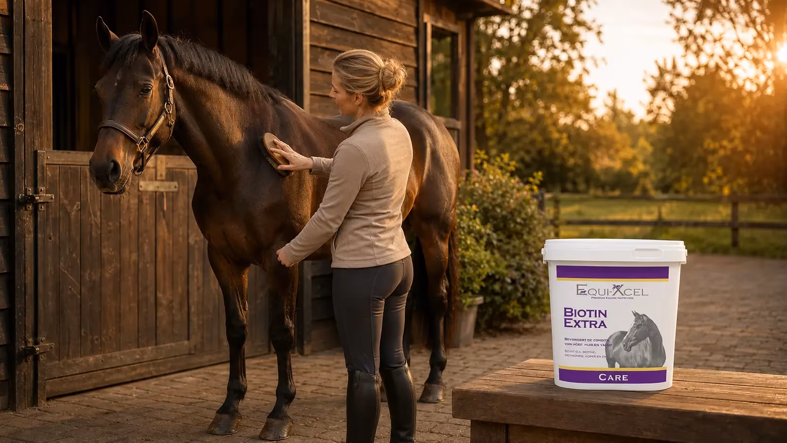 Equi-Xcel Care – Biotin Extra Paard wordt verzorgd naast Equi-Xcel Biotin Extra