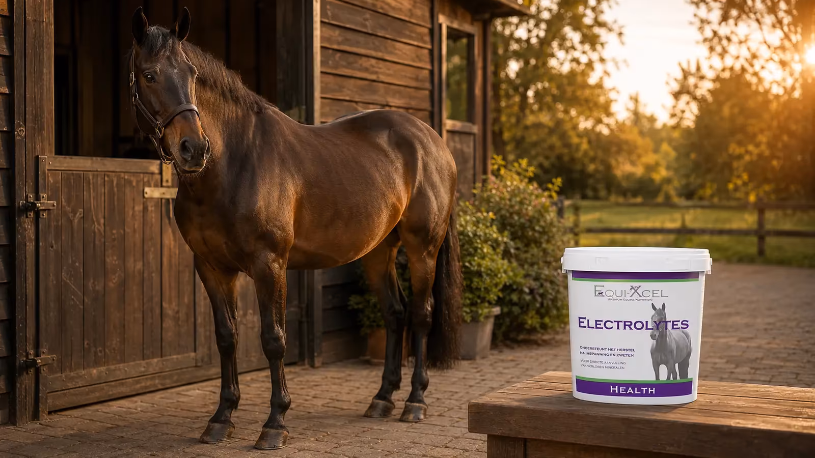 Equi-Xcel Health – Electrolytes Gezond paard bij de stal naast Equi-Xcel Electrolytes