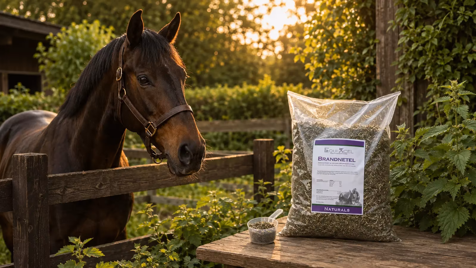 Equi-Xcel Naturals – Brandnetel Paard naast een zak Equi-Xcel Brandnetel en een maatschep kruiden