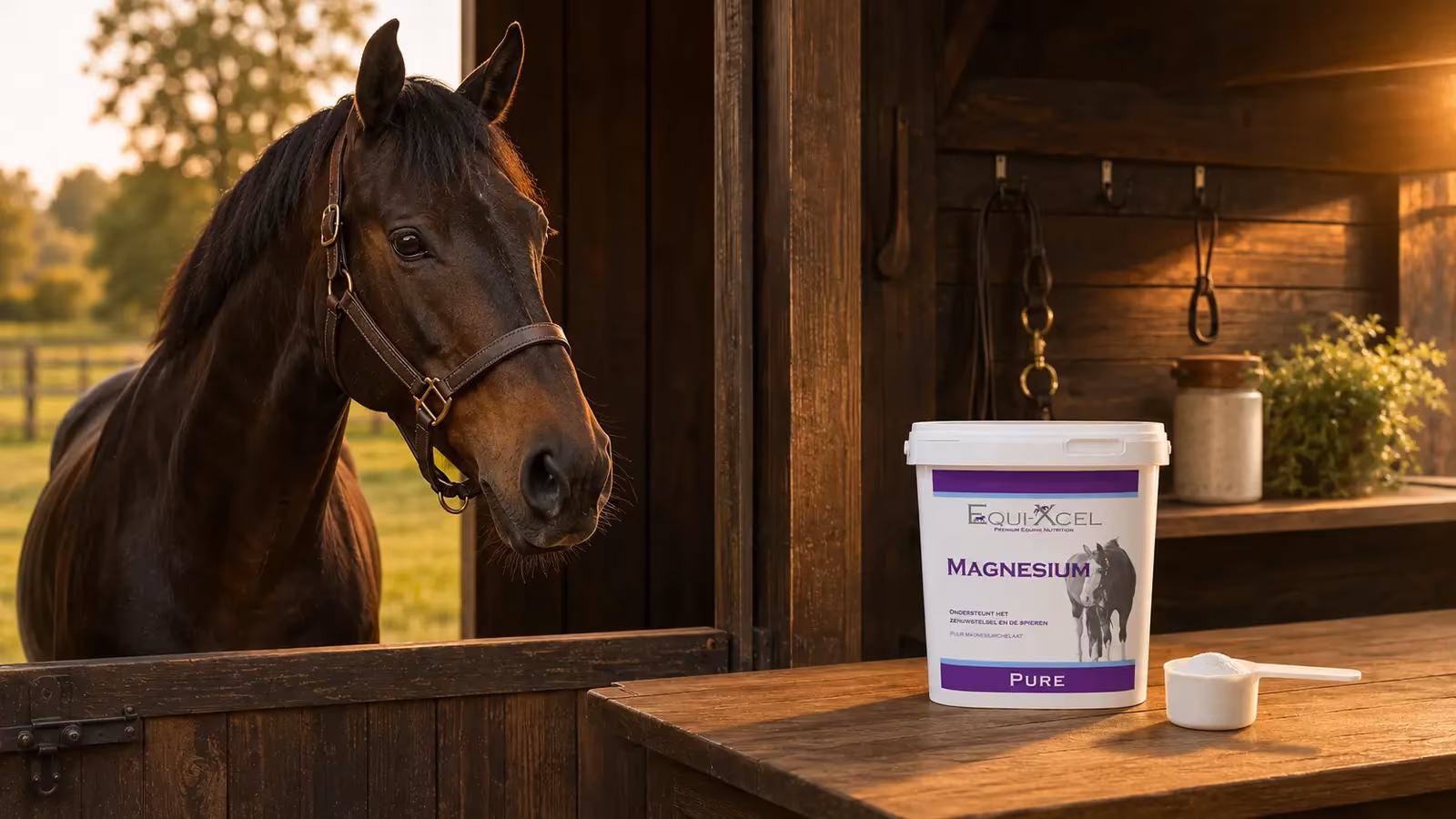 Equi-Xcel Pure – Magnesium Paard naast Equi-Xcel Magnesium met een afgemeten maatschep